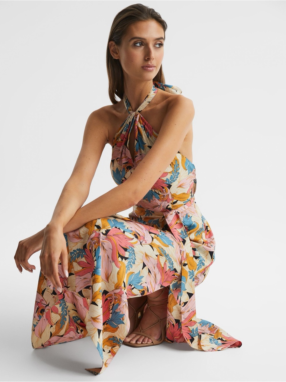 Reiss Leanne Printed Halterneck Maxi Dress Coral Orange